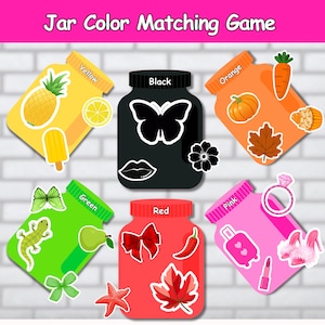 Puede incluir: Un juego educativo colorido titulado "Jar Color Matching Game" con seis tarros en amarillo, negro, naranja, verde, rojo y rosa. Cada tarro tiene objetos coincidentes como una piña, mariposa, calabaza, lagarto, lazo y anillo.