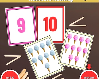 Actividades de mayor que y menor que/ Comparar números del 1 al 10/ Tarjetas didácticas con temática de helado/ Matemáticas para la educación en casa