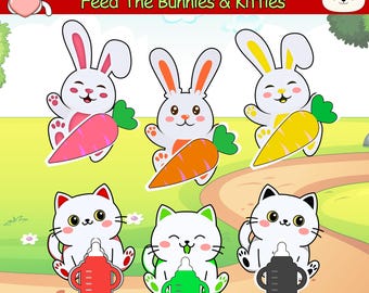 Feed The Bunnies and kitties, Color Matching Activity Task Box, Toddler Color Printables, Easter Gift