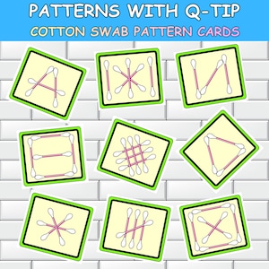 May include: Cotton swab pattern cards with the text "PATTERNS WITH Q-TIP COTTON SWAB PATTERN CARDS". Each card features a different pattern made with cotton swabs, including letters and geometric shapes, set against a light yellow background.