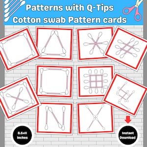 Puede incluir: Tarjetas de patrones con bastoncillos de algodón, mostrando diversas formas geométricas. Las tarjetas tienen bordes rojos y fondos blancos, con patrones creados con bastoncillos. El texto "Patterns with Q-Tips" y "Cotton swab Pattern cards" es visible.