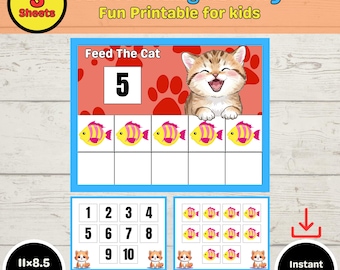 Cat & Fish Counting Game Printable|Preschool Math Worksheet|Montessori Material|Pre-K-Learning|Math Activity Book