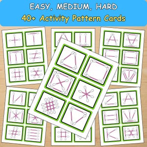 以下が含まれることがあります： ピンクと白の綿棒で作られた幾何学的な形と文字が描かれたアクティビティパターンカード。カードには緑と黒のボーダーがあります。「EASY, MEDIUM, HARD」と「40+ Activity Pattern Cards」の文字が上部にあります。