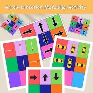 May include: Educational activity sheets with colorful squares and directional arrows. The text "Arrow Direction Matching Activity" is at the top. The sheets feature arrows, matches, and toy cars in various arrangements.
