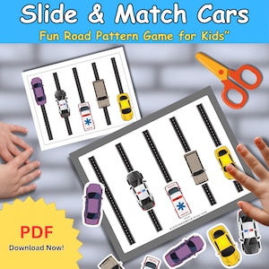 May include: A children's educational game with the text "Slide & Match Cars" and "Fun Road Pattern Game for Kids". The game features a road pattern with various toy cars, including a purple car, ambulance, and yellow car. A pair of orange scissors is also visible.