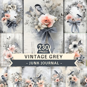 Paquete floral gris vintage PNG, 230 páginas, diario basura (descarga digital) imagen 1