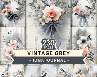 Paquete floral gris vintage PNG, 230 páginas, diario basura (descarga digital)
