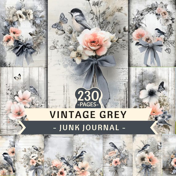 Vintage Grey Floral Bundle PNG, 230 Pages Junk Journal (Digital download)