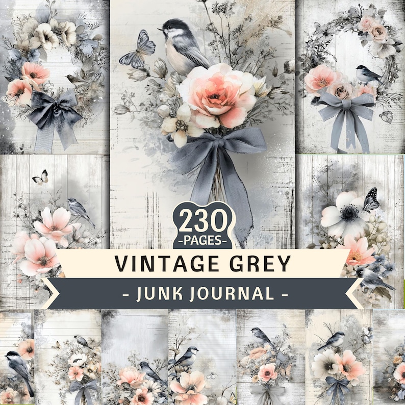 Paquete floral gris vintage PNG, 230 páginas, diario basura (descarga digital) imagen 1