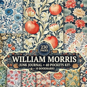 Op de afbeelding: Een William Morris junk journal kit met 230 pagina's, 40 vakjes en 10 bladwijzers. De collectie toont diverse florale en botanische patronen in tinten rood, blauw, crème en groen, met granaatappel- en lotusbloemmotieven.