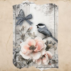 Puede incluir: Placa decorativa de madera con dise&ntilde;o de acuarela. El dise&ntilde;o incluye una mariposa gris con un lazo a juego, un p&aacute;jaro peque&ntilde;o y rosas rosas. El fondo tiene una est&eacute;tica vintage y envejecida con textura de tablones de madera.