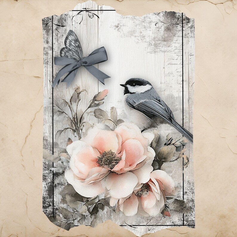 Puede incluir: Placa decorativa de madera con dise&ntilde;o de acuarela. El dise&ntilde;o incluye una mariposa gris con un lazo a juego, un p&aacute;jaro peque&ntilde;o y rosas rosas. El fondo tiene una est&eacute;tica vintage y envejecida con textura de tablones de madera.