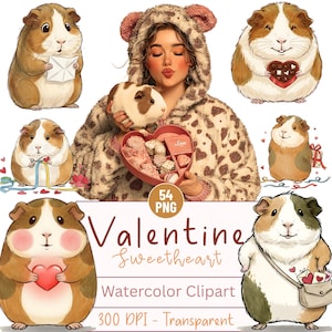 Watercolor Guinea Pig Valentine Clipart, Cavy Love Bundle (Digital Download)