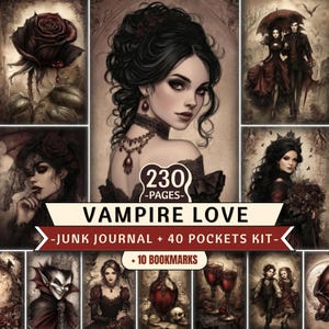 May include: A junk journal kit titled Vampire Love featuring 230 pages, 40 pockets, and 10 bookmarks. The collection includes illustrations of vampires, dark roses, gothic figures, and ornate jewelry in a muted, sepia-toned color palette.