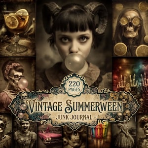 May include: A 220-page junk journal titled Vintage Summerween featuring a collage of dark, surreal imagery including a person with horns blowing a bubble, skeletons wearing goggles, a pink vintage car, and various spooky, festive illustrations.