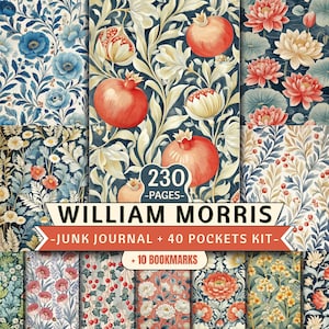 Peut inclure: Kit de journal intime William Morris avec 230 pages, 40 pochettes et 10 marque-pages. Le journal présente divers motifs floraux dans les tons de bleu, de rouge et de crème. Le texte "WILLIAM MORRIS" est affiché sur la couverture.
