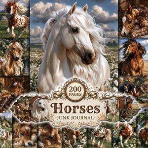 Puede incluir: Una portada de diario creativo con el retrato de un gran caballo blanco rodeado de varias ilustraciones de caballos, incluyendo caballos manchados y marrones en campos. El texto central dice 200 PAGES Horses -JUNK JOURNAL- con borde floral.