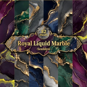 May include: A digital collection of 52 pages featuring Royal Liquid Marble seamless patterns. The designs display swirling liquid textures in deep shades of purple, emerald green, navy blue, gray, and black, accented with shimmering gold veins.