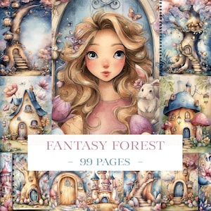 Könnte beinhalten: Ein Spiral-Malbuch mit dem Titel "Fantasy Forest" mit 99 Seiten. Das Cover zeigt eine Aquarellillustration einer jungen Frau mit langen blonden Haaren, einem weißen Kaninchen und skurrilen Feenhäusern. Der Hintergrund ist eine weiche Pastellfarbpalette.