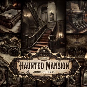 May include: A junk journal titled Haunted Mansion with 230 pages, featuring a collage of dark, atmospheric imagery including a grand staircase, an antique typewriter, dark roses, and a birdcage, all framed by an ornate, decorative border.