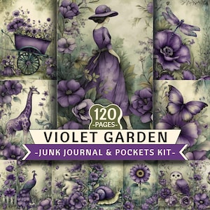 Violet Garden Junk Journal Kit, Purple Floral Digital Papers (Digital download)