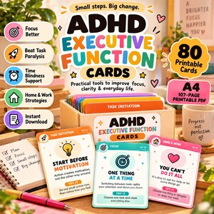 ADHD-kort för exekutiva funktioner 80 utskrivbara fokusplanerings- och produktivitetskort