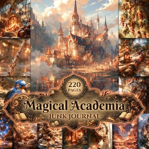 May include: A junk journal titled Magical Academia with 220 pages, featuring a central illustration of a large castle at sunset, surrounded by smaller vignettes of a fireplace, a wand, hanging herbs, a clock, and piles of gold coins.