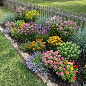 Op de afbeelding: Een bloembed met een verscheidenheid aan kleurrijke bloemen, waaronder roze zonnehoeden, gele rudbeckia's, paarse prachtkaarsen, oranje zijdeplanten en lichtblauw kattenkruid, gerangschikt voor een houten lattenhek.