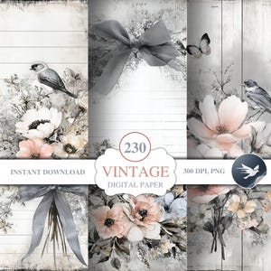 Puede incluir: Un conjunto de papel digital con tem&aacute;tica vintage. El dise&ntilde;o presenta arreglos florales, p&aacute;jaros y lazos en colores pastel suaves sobre un fondo de madera blanca desgastada. Se incluye el texto "Vintage Digital Paper".