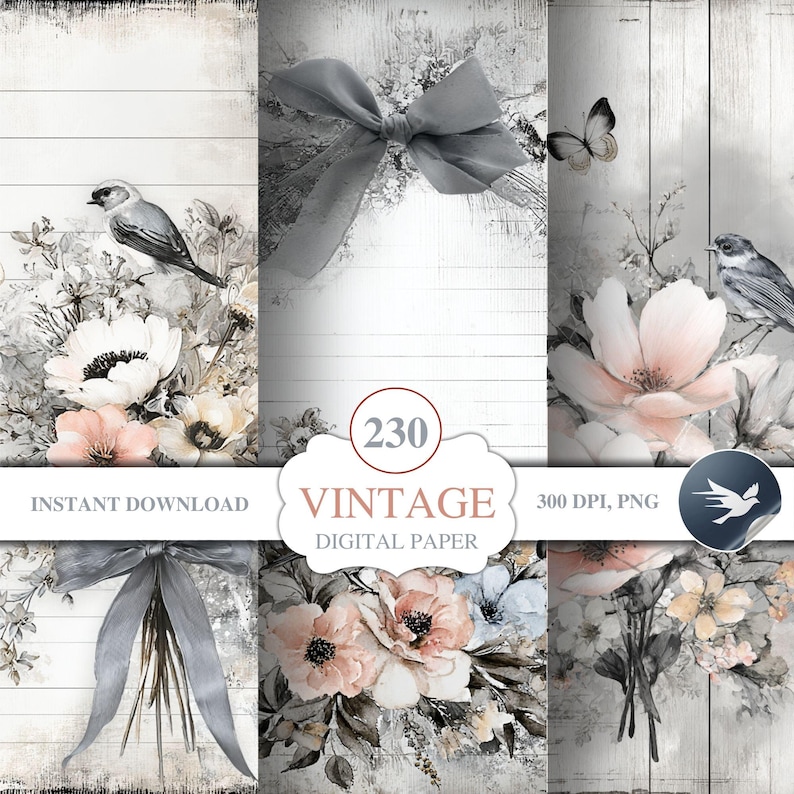 Puede incluir: Un conjunto de papel digital con tem&aacute;tica vintage. El dise&ntilde;o presenta arreglos florales, p&aacute;jaros y lazos en colores pastel suaves sobre un fondo de madera blanca desgastada. Se incluye el texto "Vintage Digital Paper".