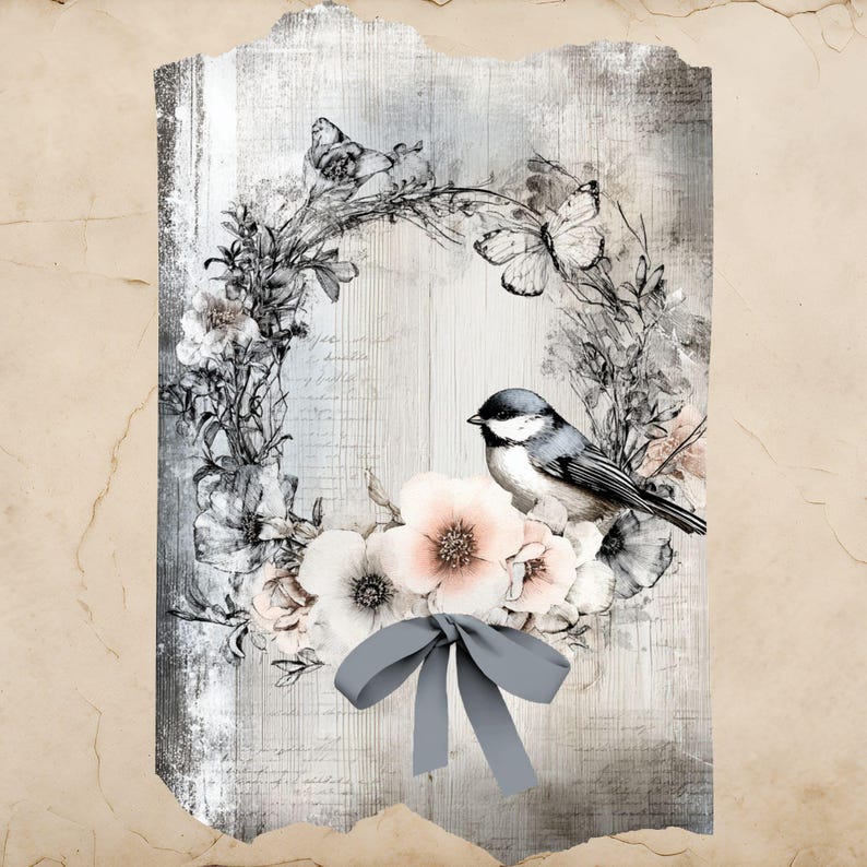 Puede incluir: Ilustraci&oacute;n de estilo vintage que presenta un p&aacute;jaro posado en una corona floral con mariposas. La corona incluye flores blancas y rosadas, con un lazo gris en la parte inferior. El fondo tiene una textura de madera envejecida.