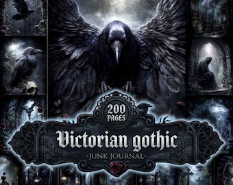 May include: A junk journal with 200 pages featuring a dark, atmospheric cover design. The central image displays a large black raven with spread wings, surrounded by smaller panels depicting gothic scenes, including a skull, a cloaked figure, and a graveyard.
