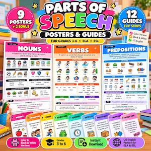 Può includere: Un set di poster educativi e guide a strisce per le parti del discorso per le classi 3-6. I materiali presentano illustrazioni colorate e testo che definisce nomi, verbi e preposizioni, con schede aggiuntive per pronomi, aggettivi e avverbi.