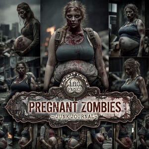 Op de afbeelding: Een junk journal getiteld Pregnant Zombies met 180 pagina's, met een collage van afbeeldingen van zwangere figuren met een zombie-achtig uiterlijk, bloedvlekken en gescheurde kleding in een donkere, post-apocalyptische omgeving.