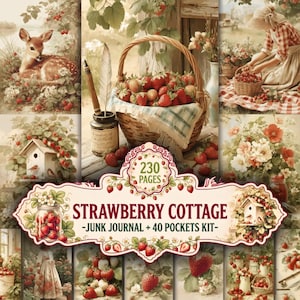 Puede incluir: Un kit de diario Strawberry Cottage con 40 bolsillos y 230 páginas de ilustraciones estilo vintage que incluyen un cervatillo, una cesta de fresas, una persona recogiendo fruta, una pajarera y arreglos florales con texto.