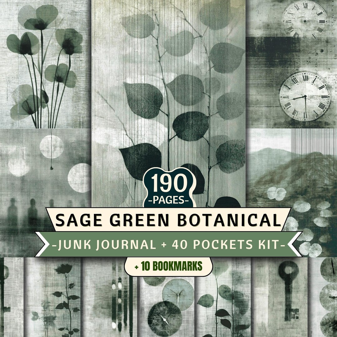 Sage Green Botanical Junk Journal Kit, 190 Pages, 40 Pockets, 10 ...