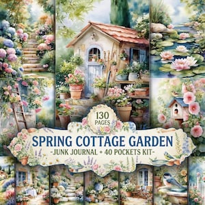 Puede incluir: Un kit de diario creativo Spring Cottage Garden con 130 páginas y 40 bolsillos. La portada muestra una ilustración en acuarela de una casa de campo, escalones de piedra, flores, una pajarera y un estanque con el texto SPRING COTTAGE GARDEN.