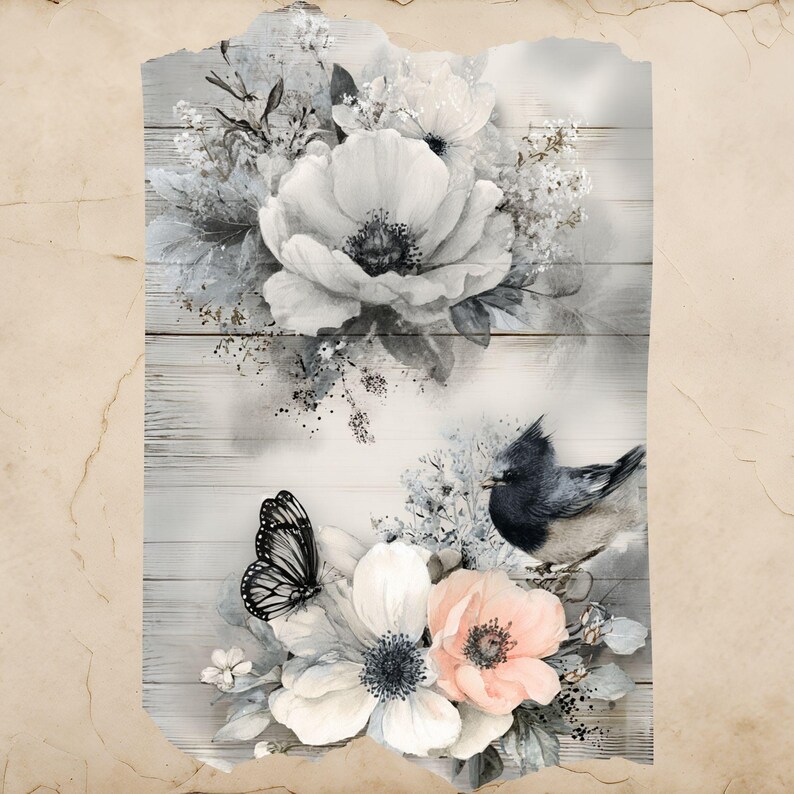 Puede incluir: Impresi&oacute;n art&iacute;stica digital que presenta un arreglo floral con grandes flores blancas y rosas, una mariposa en blanco y negro y un peque&ntilde;o p&aacute;jaro. El fondo es de vetas de madera gris claro.