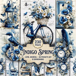 Op de afbeelding: Een junk journal kit genaamd Indigo Spring met 230 pagina's, 40 zakjes en 10 bladwijzers. Het ontwerp bevat blauwe fietsen, lantaarns, bloemen, vogels, klokken en zeilboten op een achtergrond met vintage handschrift in blauw en wit.