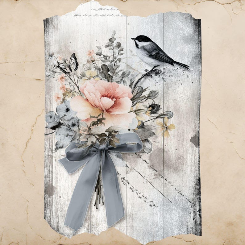 Puede incluir: Un ramo floral con una peon&iacute;a rosa, flores azules y amarillas, y una cinta gris. Un p&aacute;jaro blanco y negro se posa en una rama sobre las flores. El fondo es un panel de madera envejecida y desgastada con escritura.