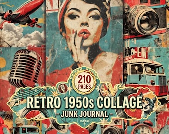 Kit de diario de estilo retro de los años 50, 210 páginas, arte pop vintage, collage de mediados de siglo y efímeros (descarga digital).