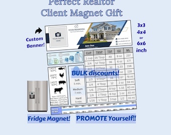May include: A rectangular fridge magnet featuring a custom banner area for branding, a conversion chart for cups, tablespoons, teaspoons, ounces, and milliliters, cooking temperatures for meat, egg boiling times, and an oven temperature conversion scale.