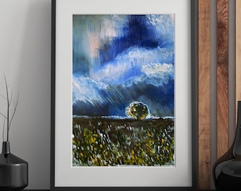 Pintura de paisaje original: Campo de flores silvestres con cielo azul, árbol solitario.