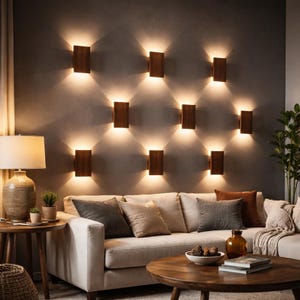 May include: A living room scene featuring a cream-colored sofa, wooden coffee table, and a dark gray wall. Nine rectangular, wooden wall sconces are evenly spaced, emitting warm light. A table lamp and decorative items complete the cozy interior.