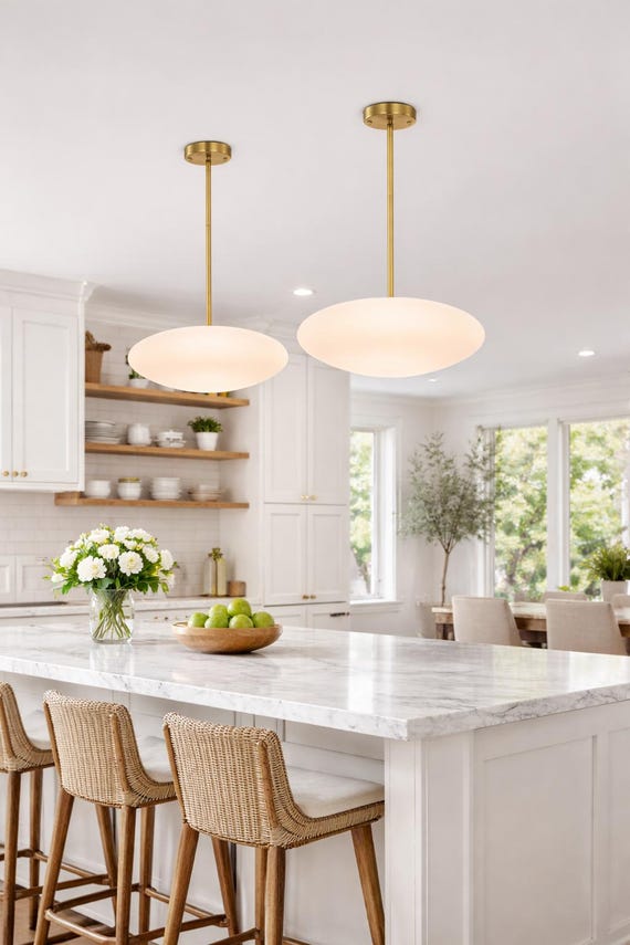 Mid-Century Modern Brass Chandelier | Sputnik Ceiling Light with Opal Globes