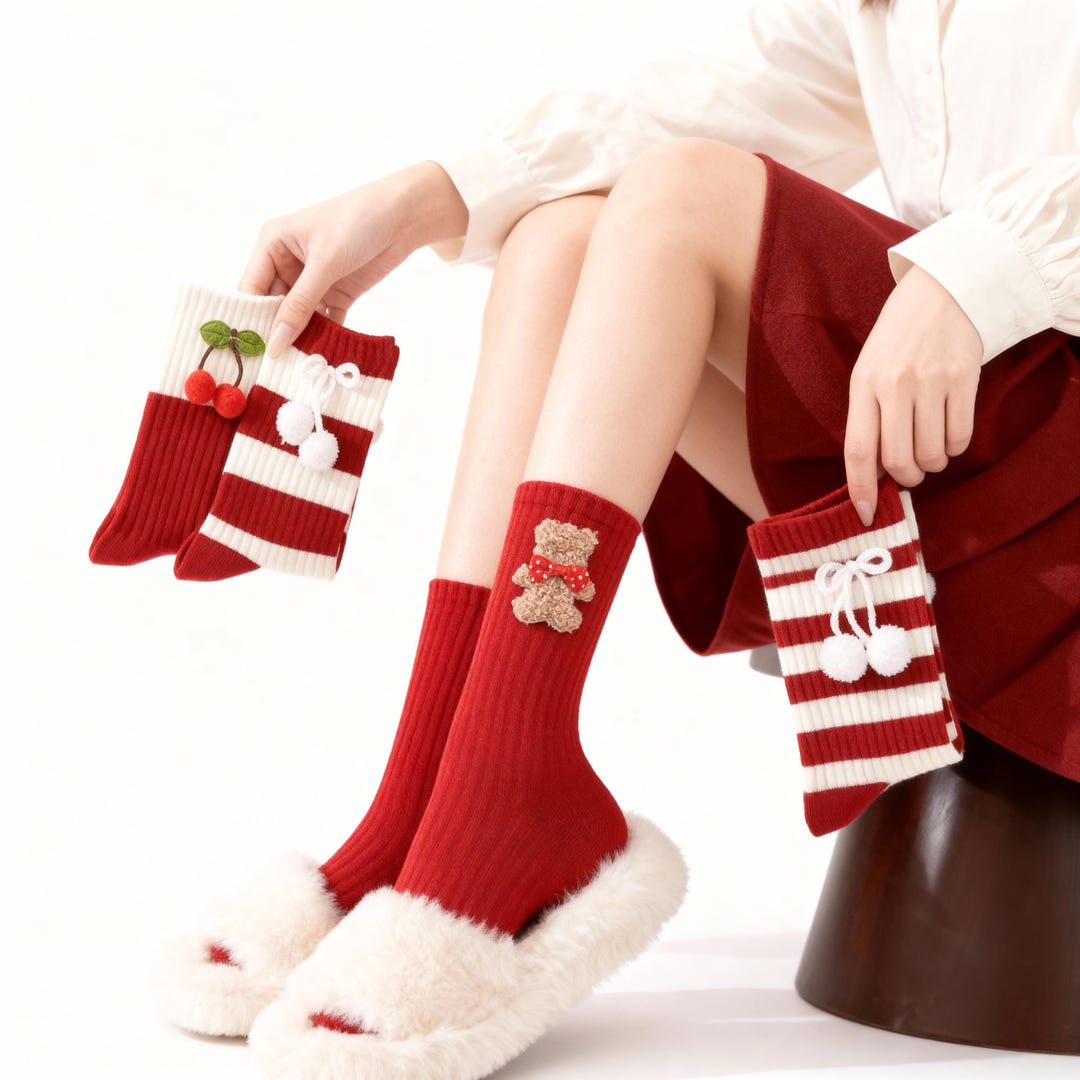 Christmas Cozy Red Socks With Cute Bear & Cherry Designs — Winter Plush ...