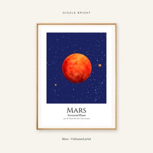 Mars Planet Print, Solar System Nursery Wall Art, A4 or A3 Unframed image 1