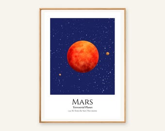 Mars Planet Print, Solar System Nursery Wall Art, A4 or A3 Unframed