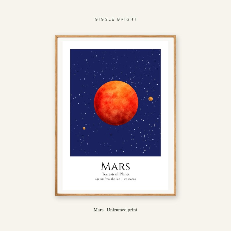 Mars Planet Print, Solar System Nursery Wall Art, A4 or A3 Unframed image 1