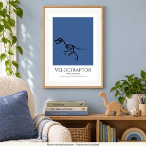 Puede incluir: Una l&aacute;mina enmarcada con la silueta negra de un esqueleto de Velociraptor centrada sobre un fondo azul. Debajo del gr&aacute;fico, el texto muestra VELOCIRAPTOR, la pronunciaci&oacute;n fon&eacute;tica y detalles sobre su periodo temporal y ubicaci&oacute;n geogr&aacute;fica.